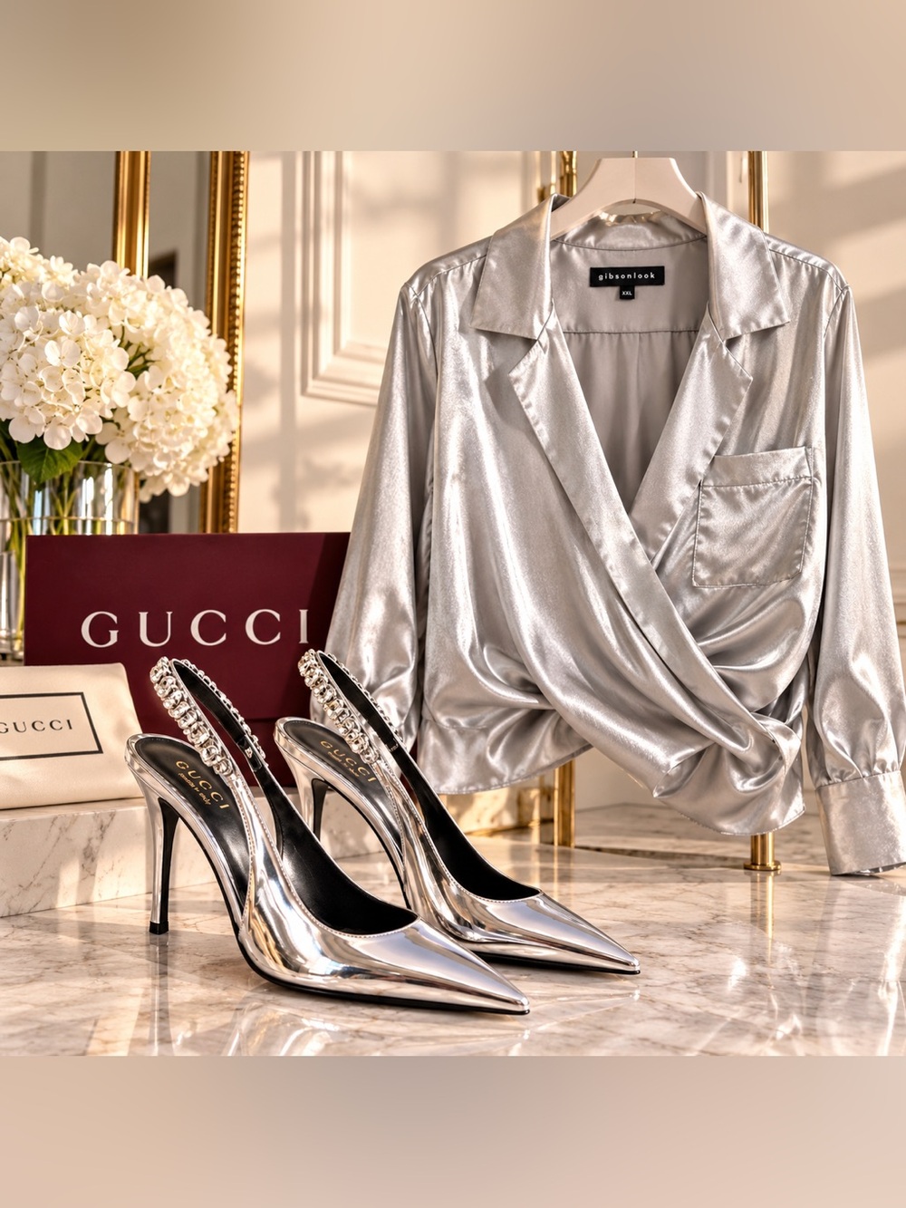 Gucci Signorina Silver Metallic Heels EU 38.5 Gibsonlook Silver Satin Blouse XXL